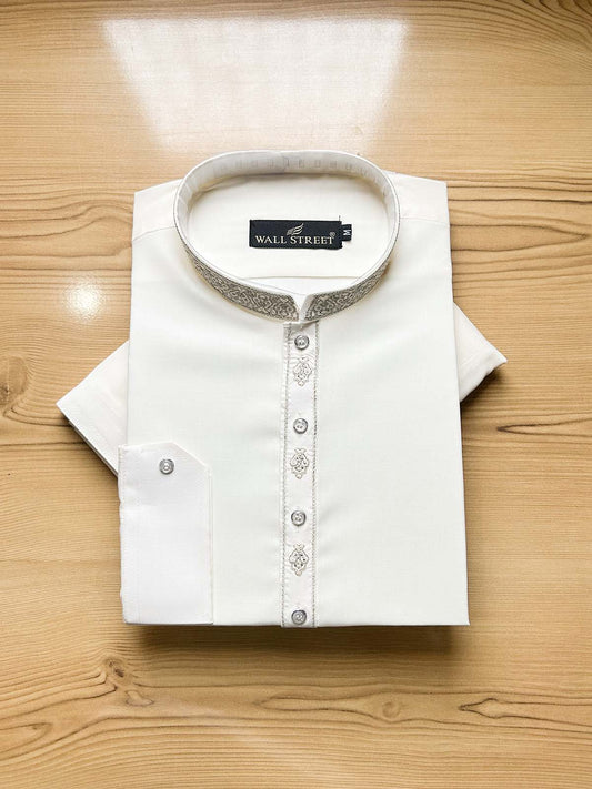 925-8 Cream Stitched Suit Sherwani Collar Kameez Shalwar For Men MSK461