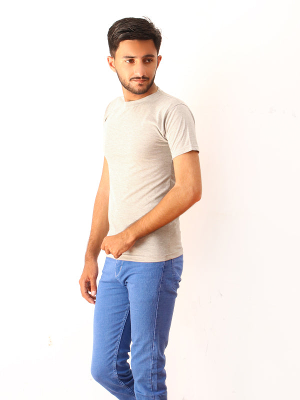 Light Grey Plain Crew Neck T-Shirt For Men M MTS85