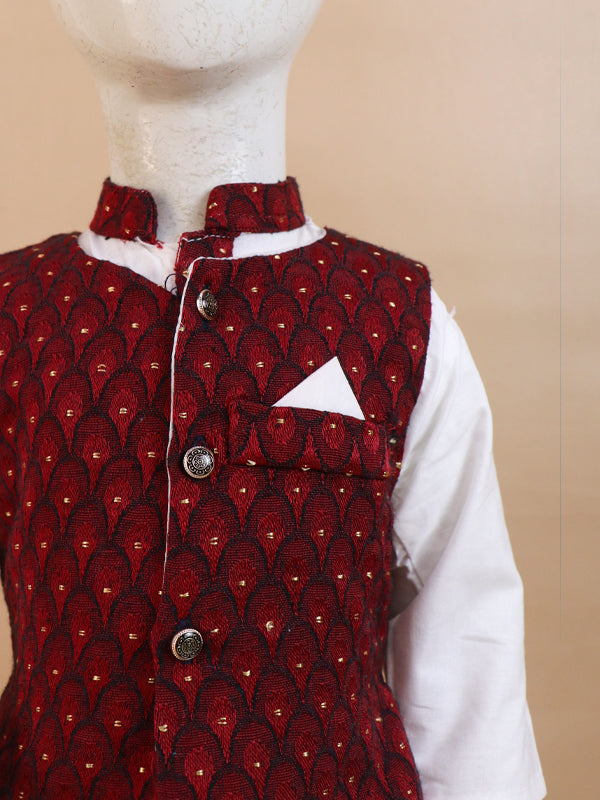 1Yrs - 5Yrs Dark Maroon Waistcoat with White Kurta Pajama Suit For Boys BKS69