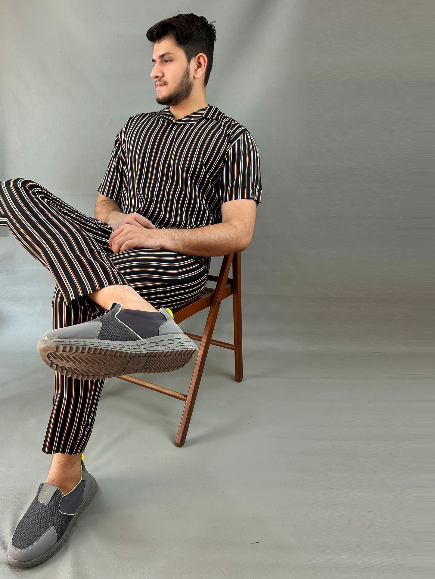 Black Striped Linen Co-Ords Set For Men MTS03