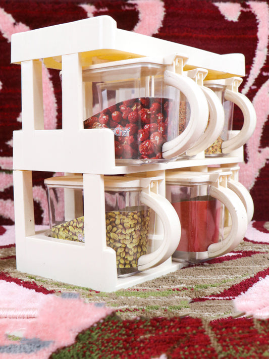 Cream 2-Tier Spice Rack With 6 Spice Jars