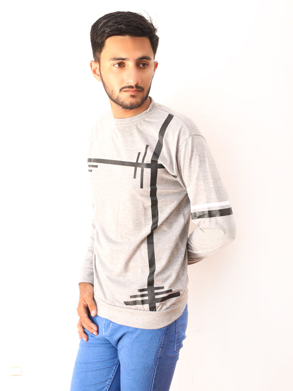 Light Grey Full Sleeve Printed T-Shirt For Men SN MTS69