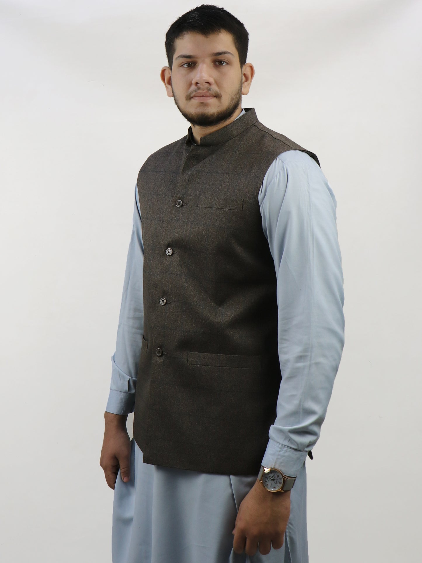 Dark Brown Checks Waistcoat for Men MW09