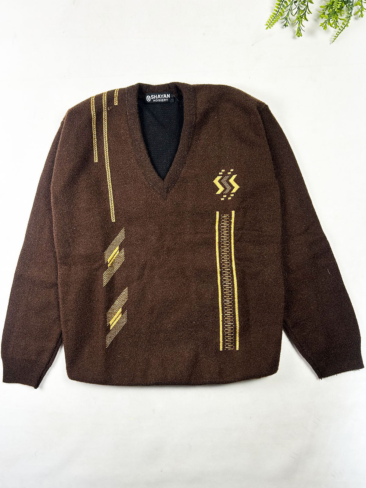 Royal Chocolate Embroidered V-Neck Full Sleeves Sweater For Men MSW91