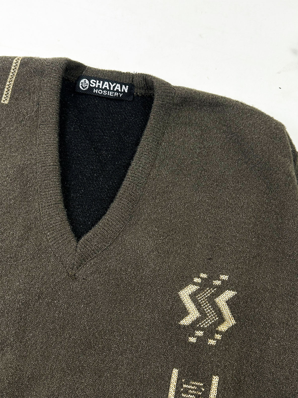 Royal Dark Olive Embroidered V-Neck Full Sleeves Sweater For Men MSW92