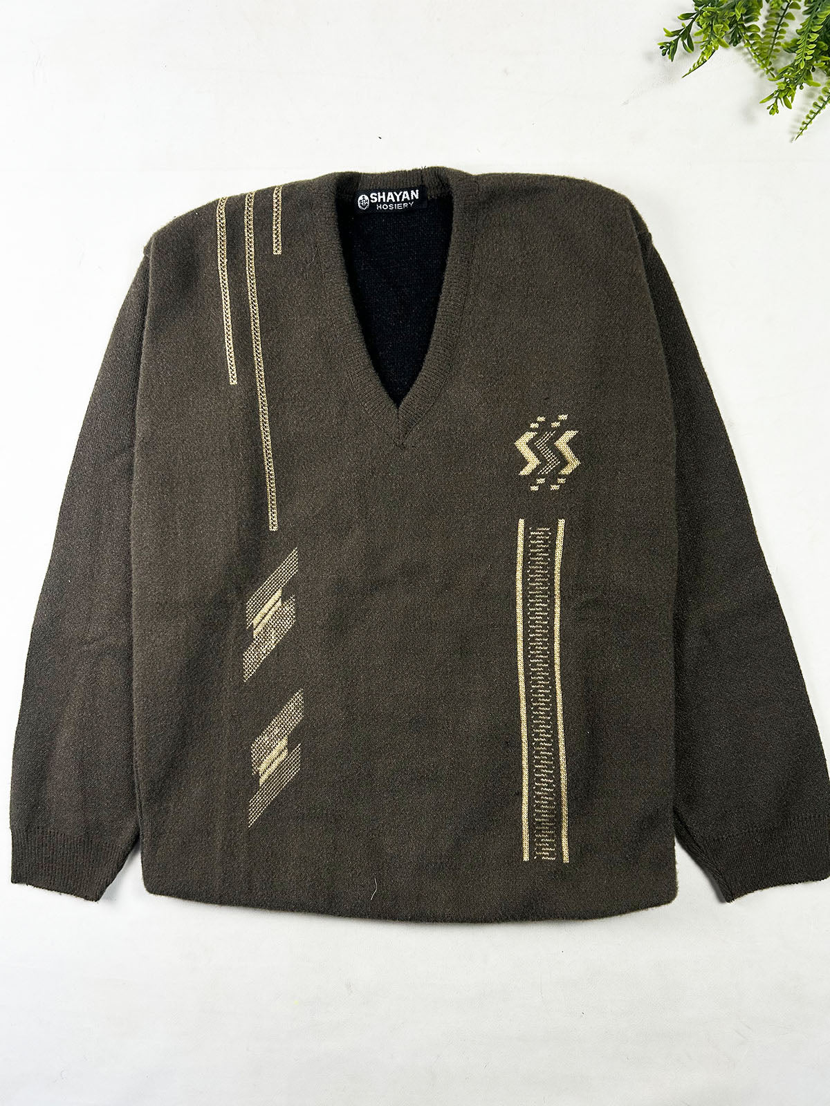 Royal Dark Olive Embroidered V-Neck Full Sleeves Sweater For Men MSW92