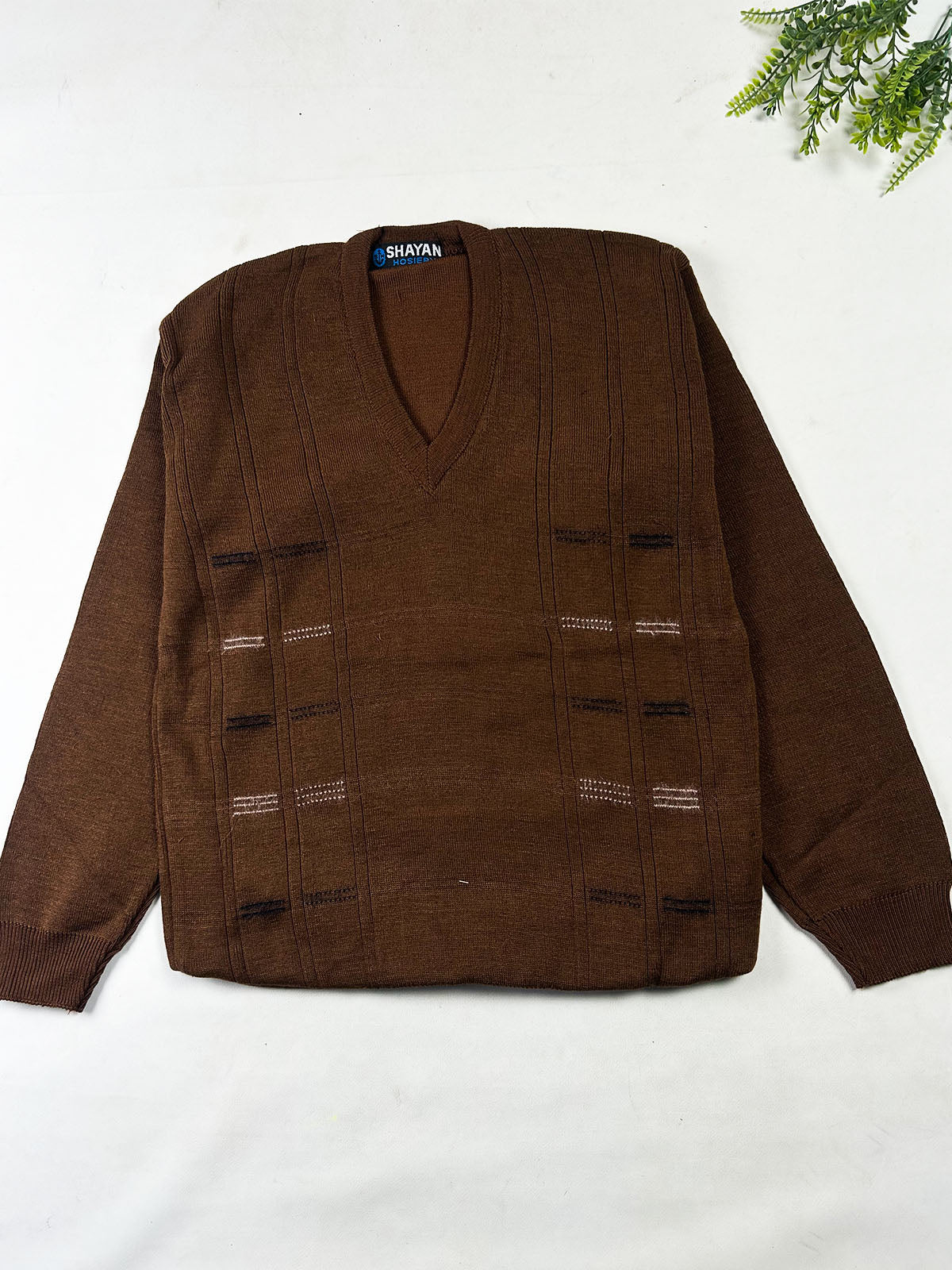 Heritage Walnut Textured V-Neck Sweater For Men MSW93