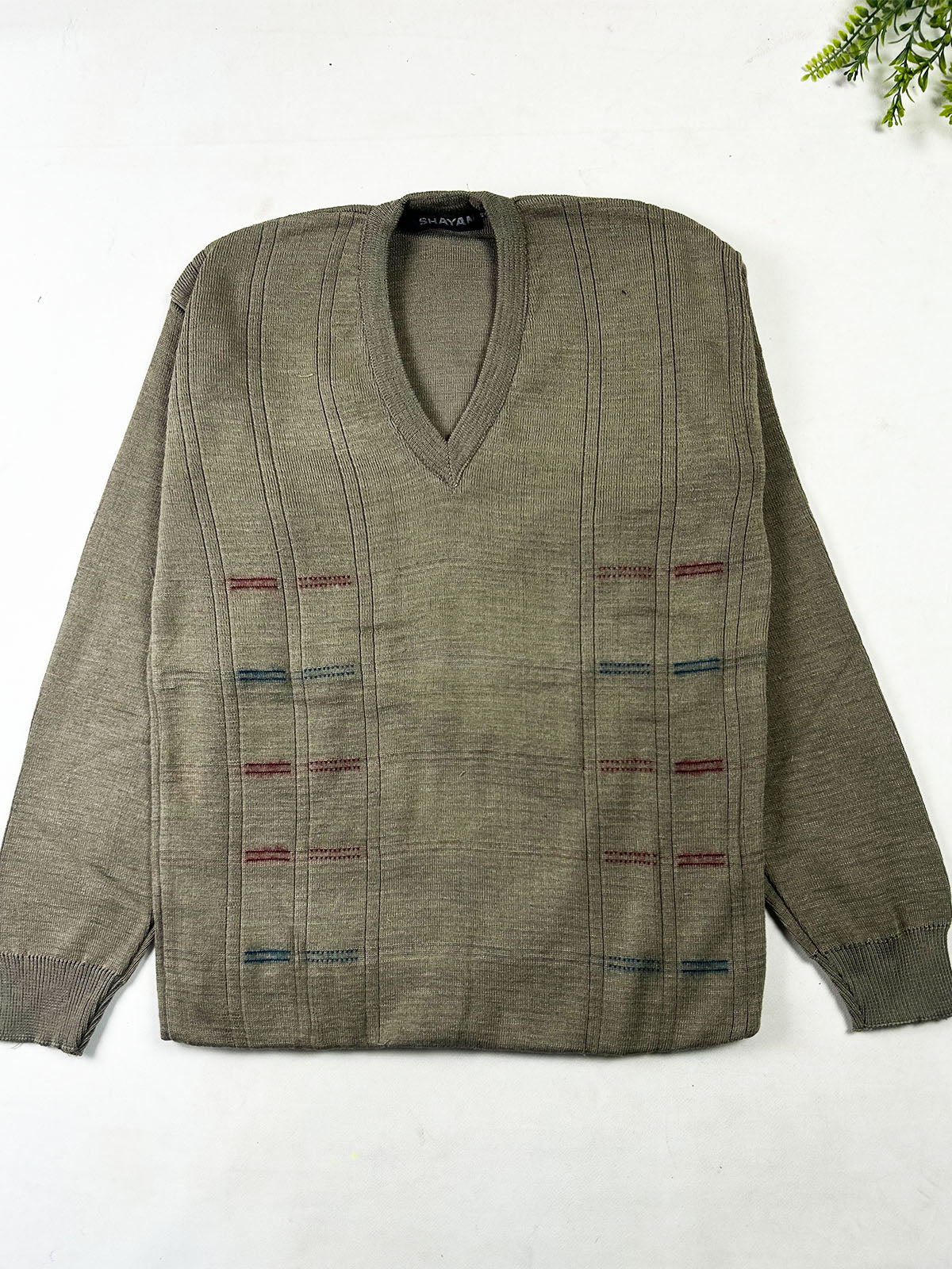 Heritage Sage Grey Textured V-Neck Sweater For Men MSW94