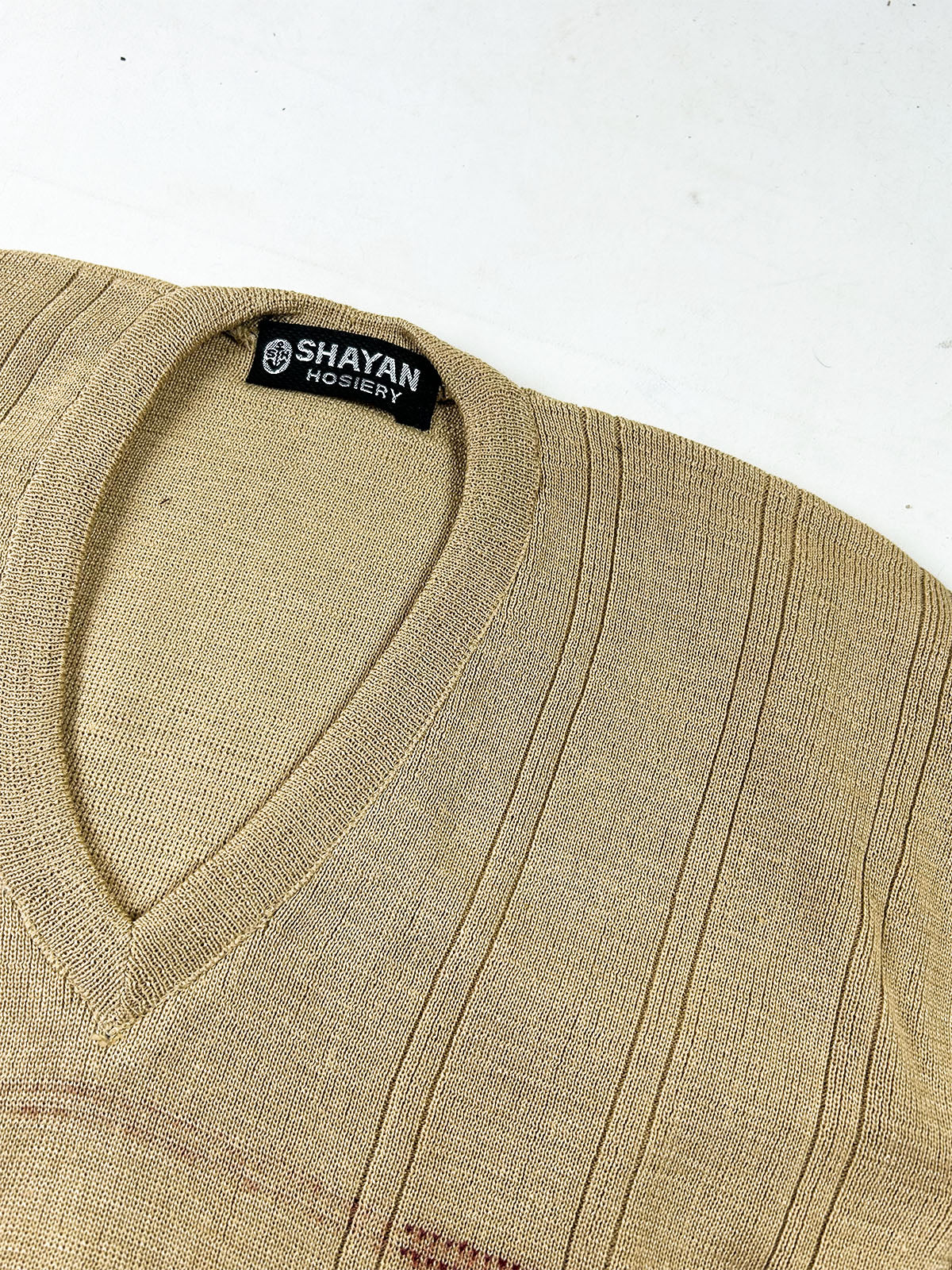 Heritage Sand Beige Textured V-Neck Sweater For Men MSW96