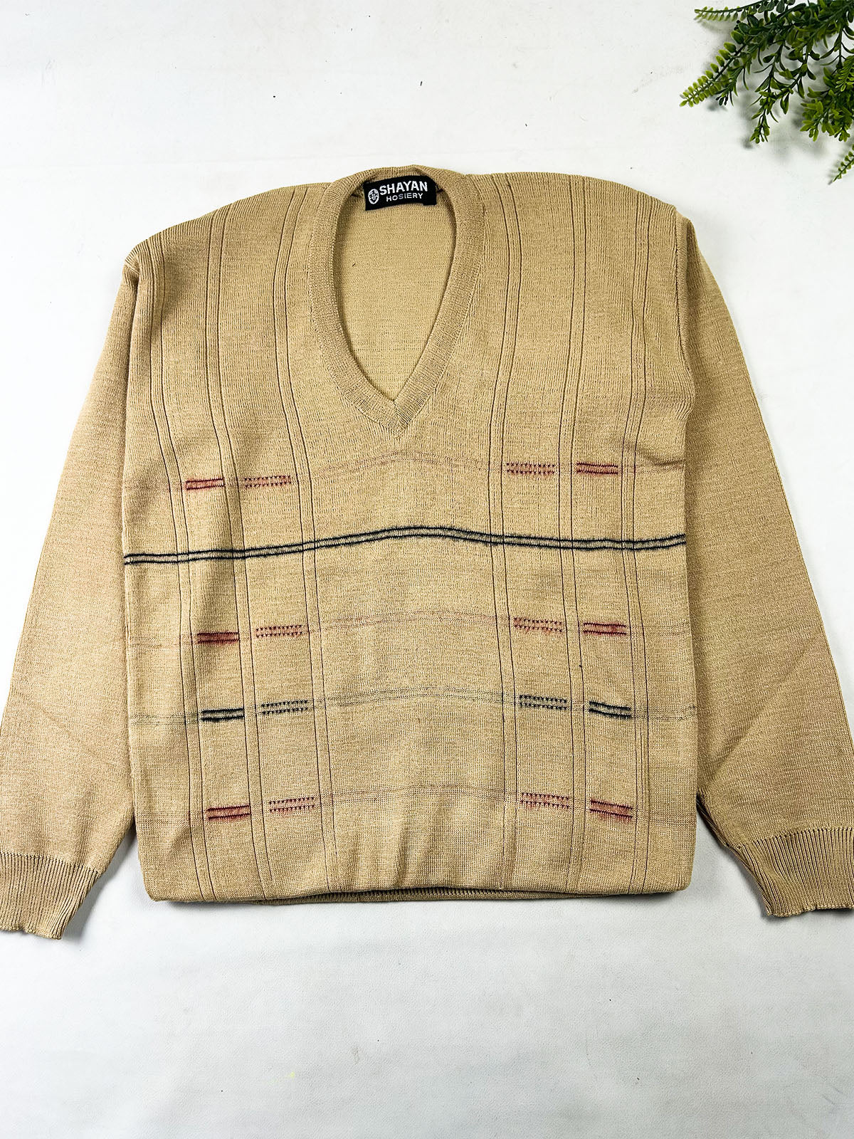 Heritage Sand Beige Textured V-Neck Sweater For Men MSW96