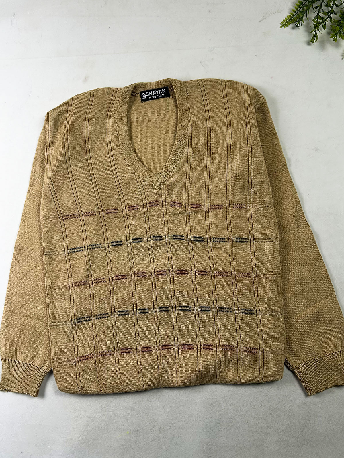 Heritage Khaki Textured V-Neck Sweater For Men MSW98