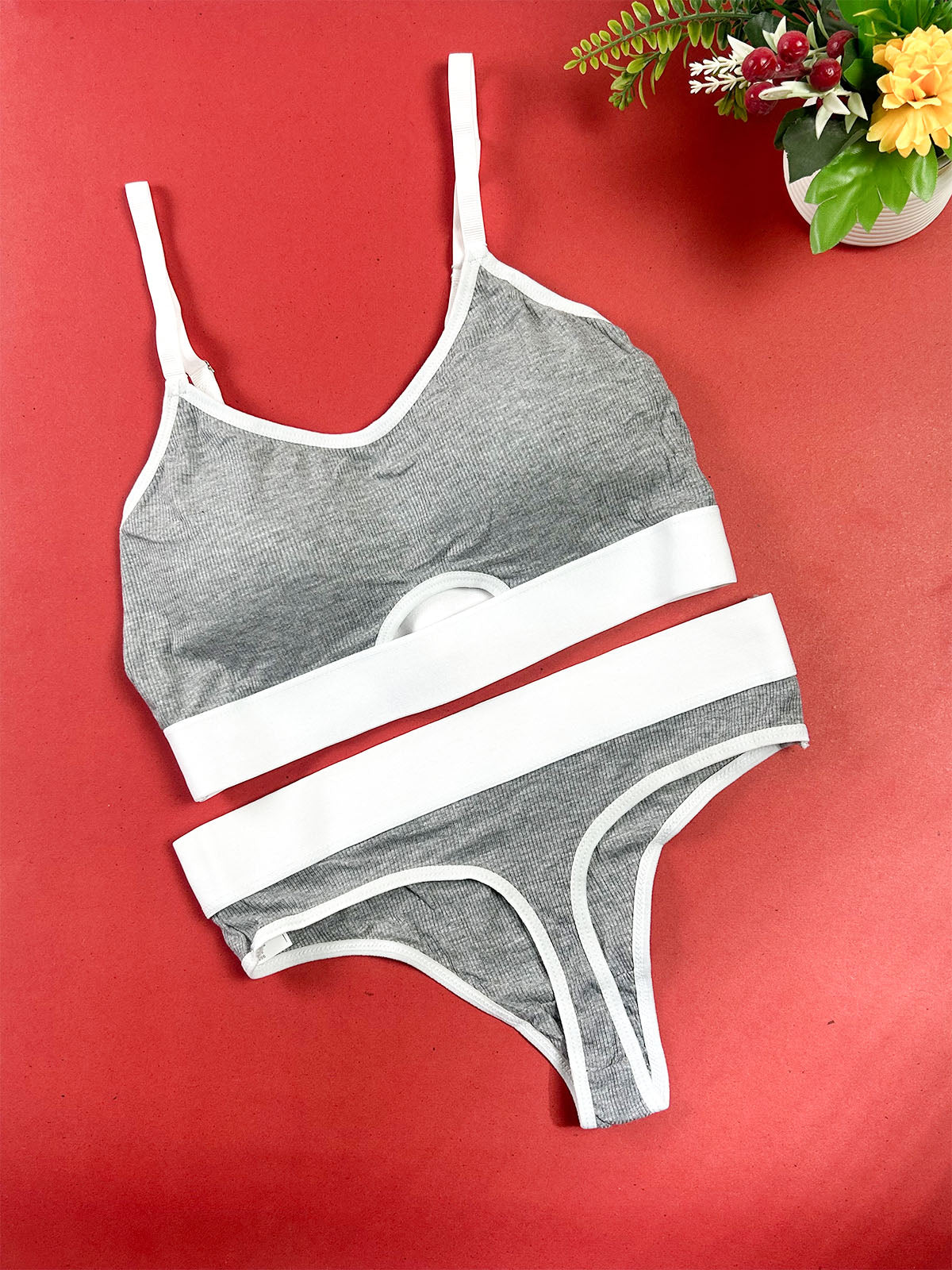 Grey & White Ribbed Two-Piece Bra and Panty Set for Girls and Women LB98