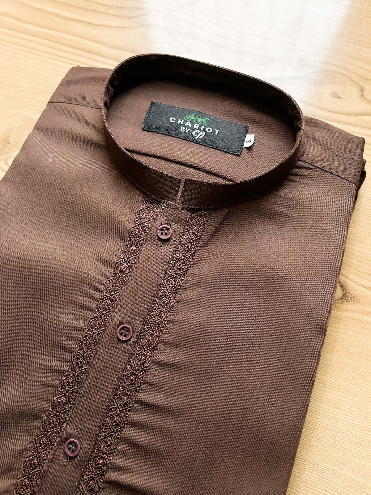 982-9 MSK512 Brown Stitched Suit Sherwani Collar Kameez Shalwar For Men