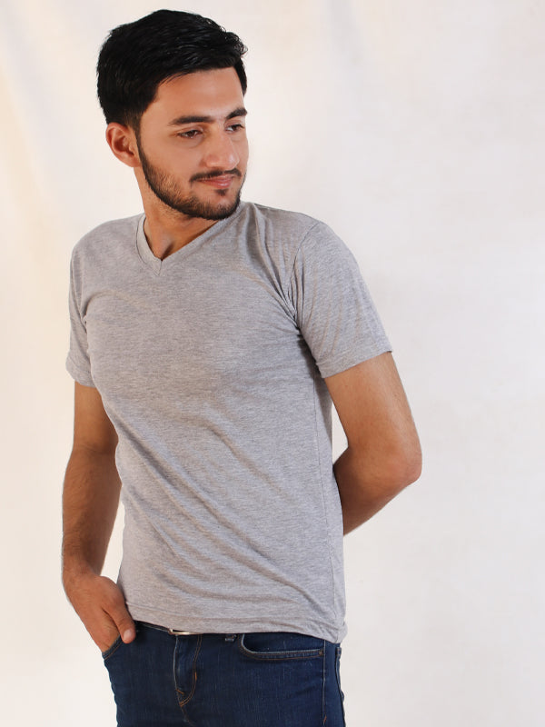 M Men's Plain V-Neck T-Shirt Light Grey