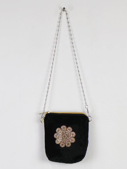 Stylish Velvet Handbag For Girls Flower Black 51