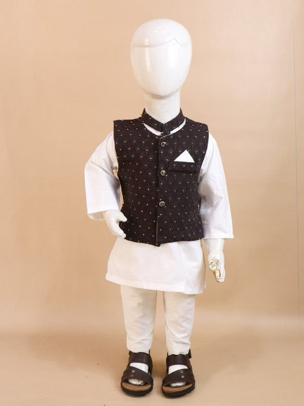 1Yrs - 5Yrs Dark Brown Waistcoat with White Kurta Pajama Suit For Boys BKS69