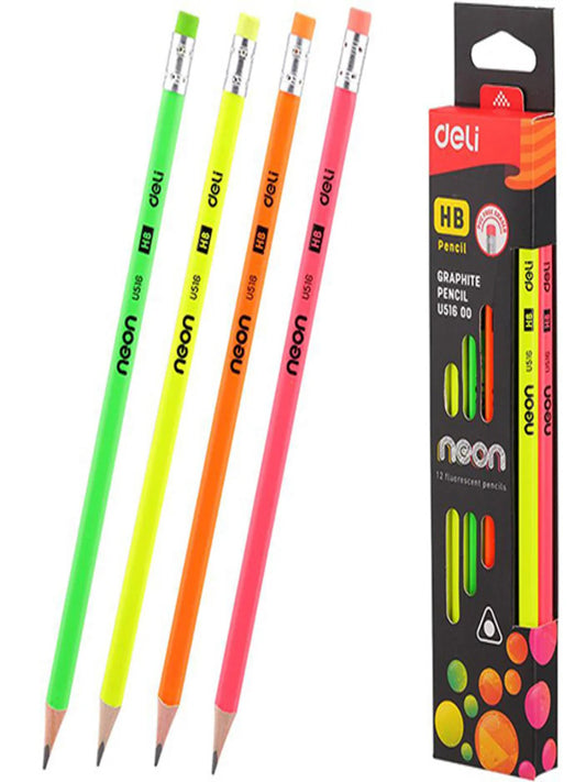 Deli Neon HB Graphite Pencils - 12Pcs