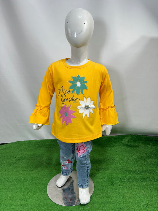 1Yrs - 4Yrs Full Sleeves Girls T-Shirt Aster Flower Yellow