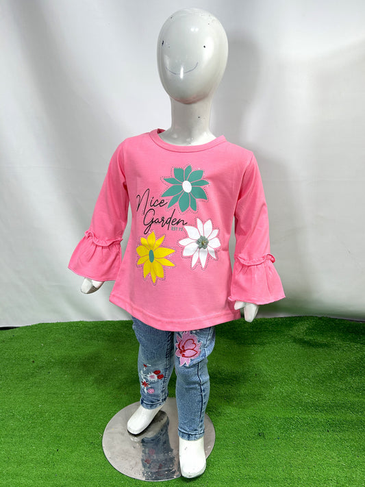 1Yrs - 4Yrs Full Sleeves Girls T-Shirt Aster Flower Pink