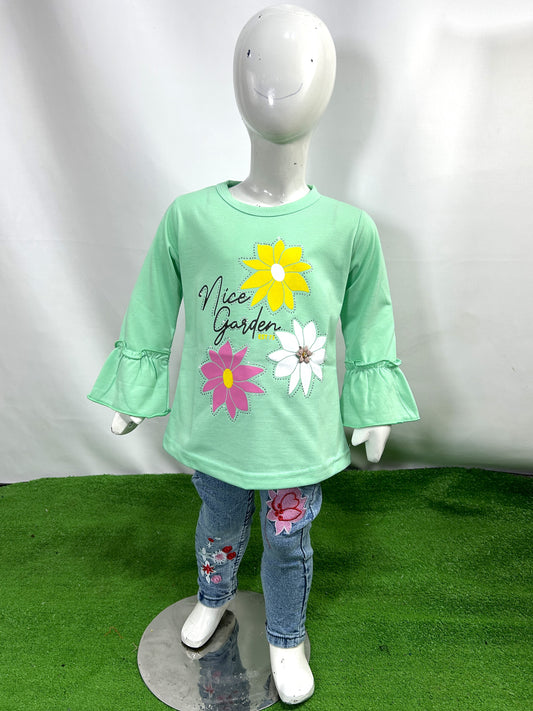 1Yrs - 4Yrs Full Sleeves Girls T-Shirt Aster Flower Light Green