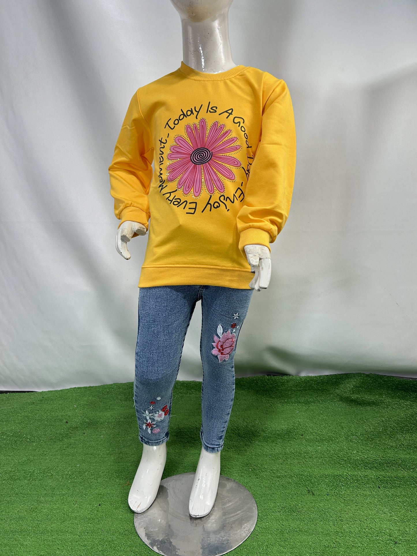 3Yrs - 8Yrs Flower Yellow Full Sleeve T-Shirt For Girls SK GTS87