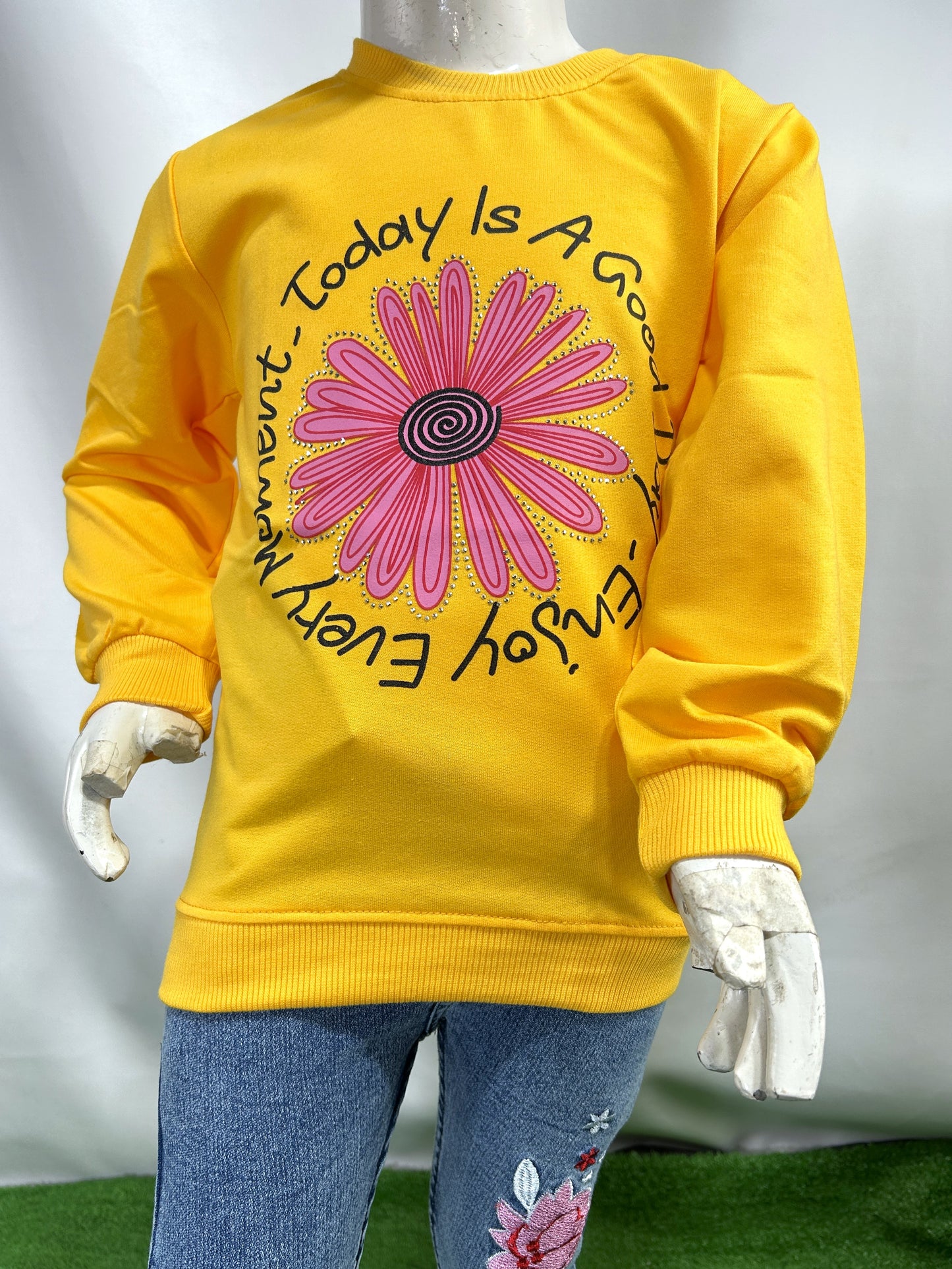 3Yrs - 8Yrs Flower Yellow Full Sleeve T-Shirt For Girls SK GTS87