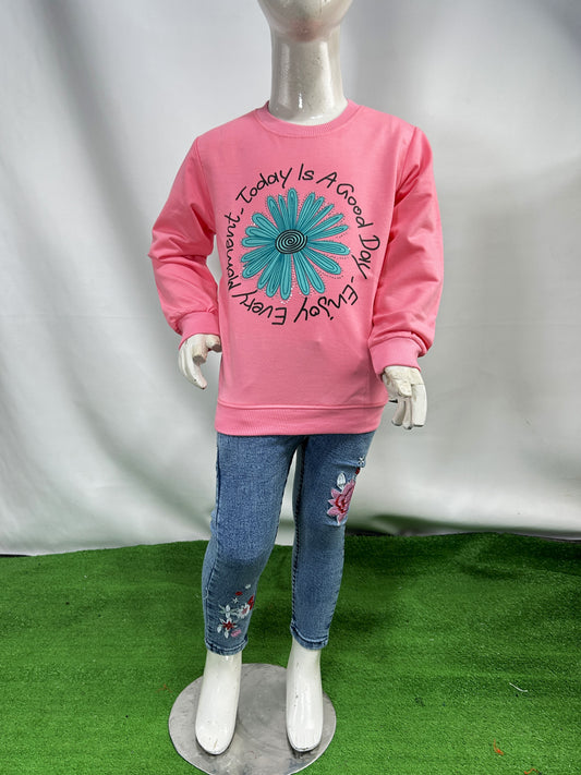 3Yrs - 8Yrs Flower Pink Full Sleeve T-Shirt For Girls SK GTS90
