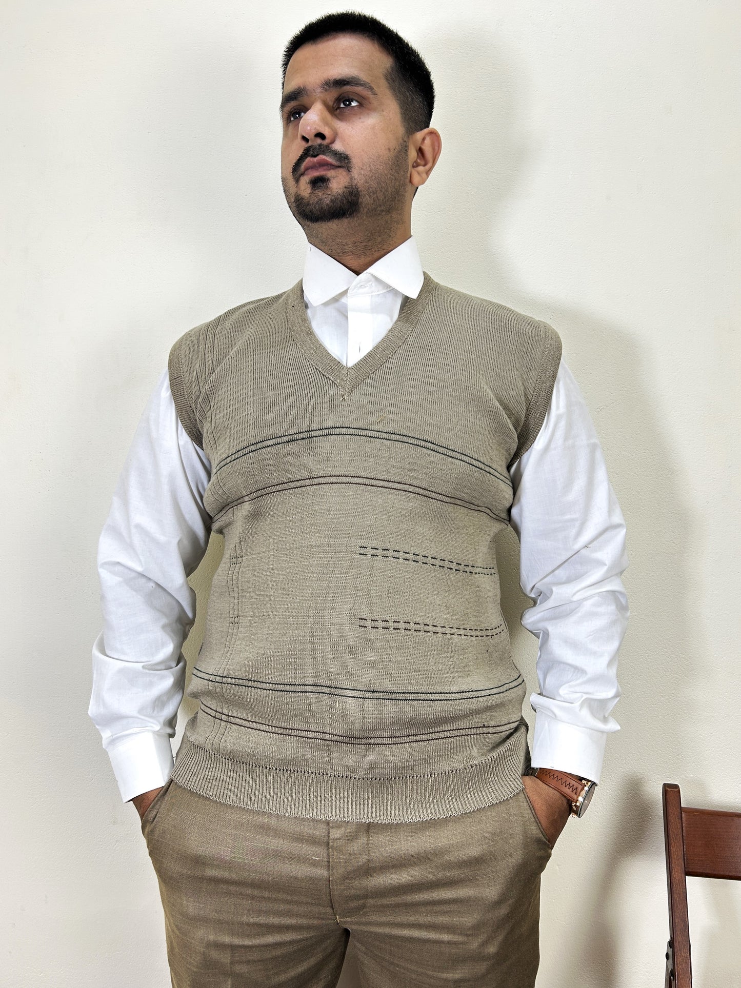 Beige Sleeveless Sweater for Men MSW71