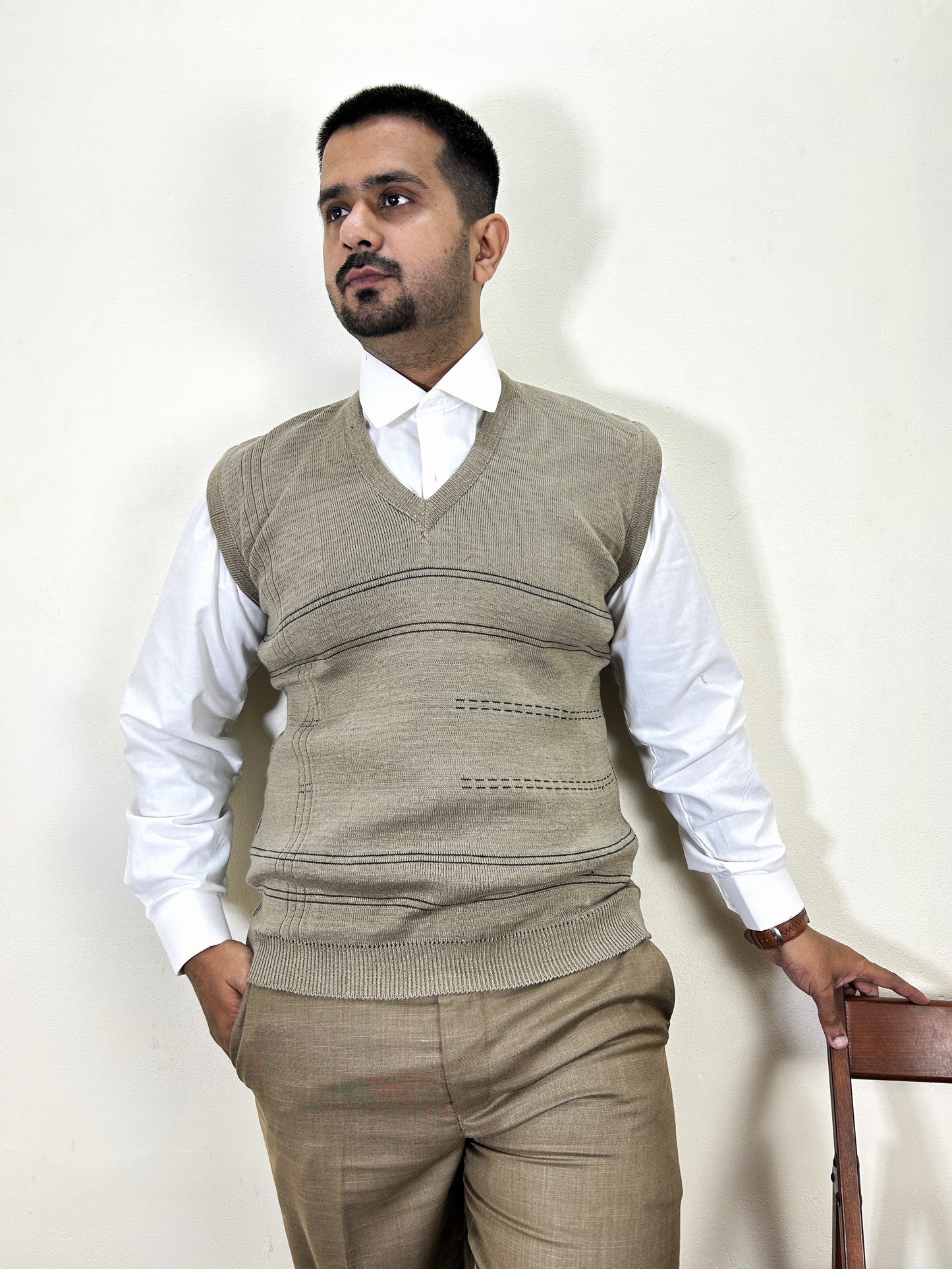 Beige Sleeveless Sweater for Men MSW71