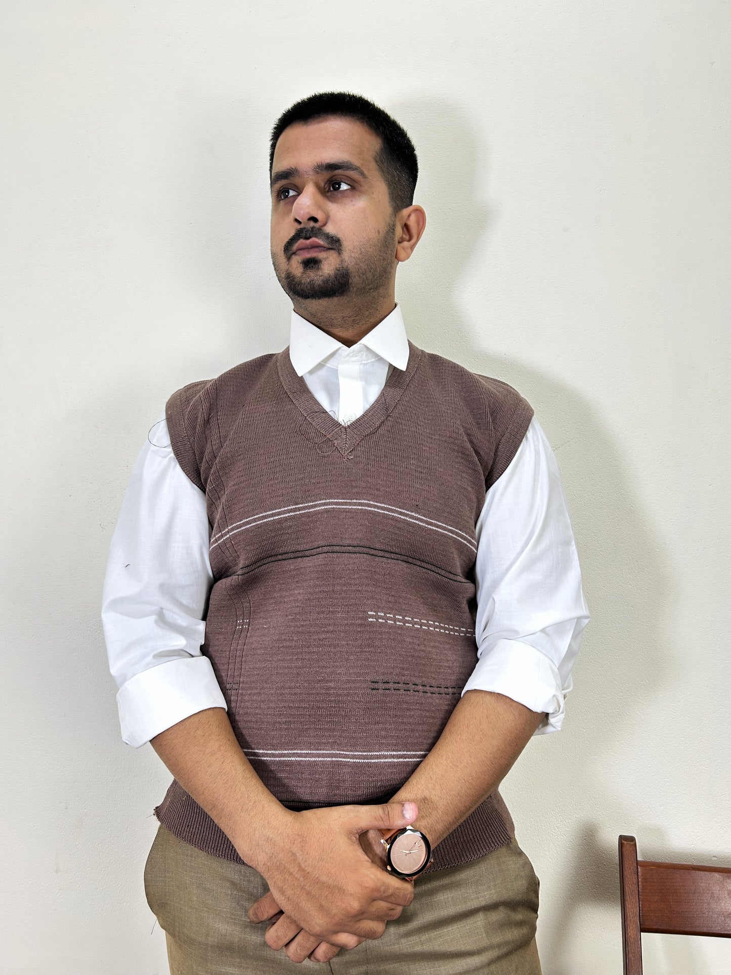 Wood Brown Sleeveless Sweater for Men MSW68