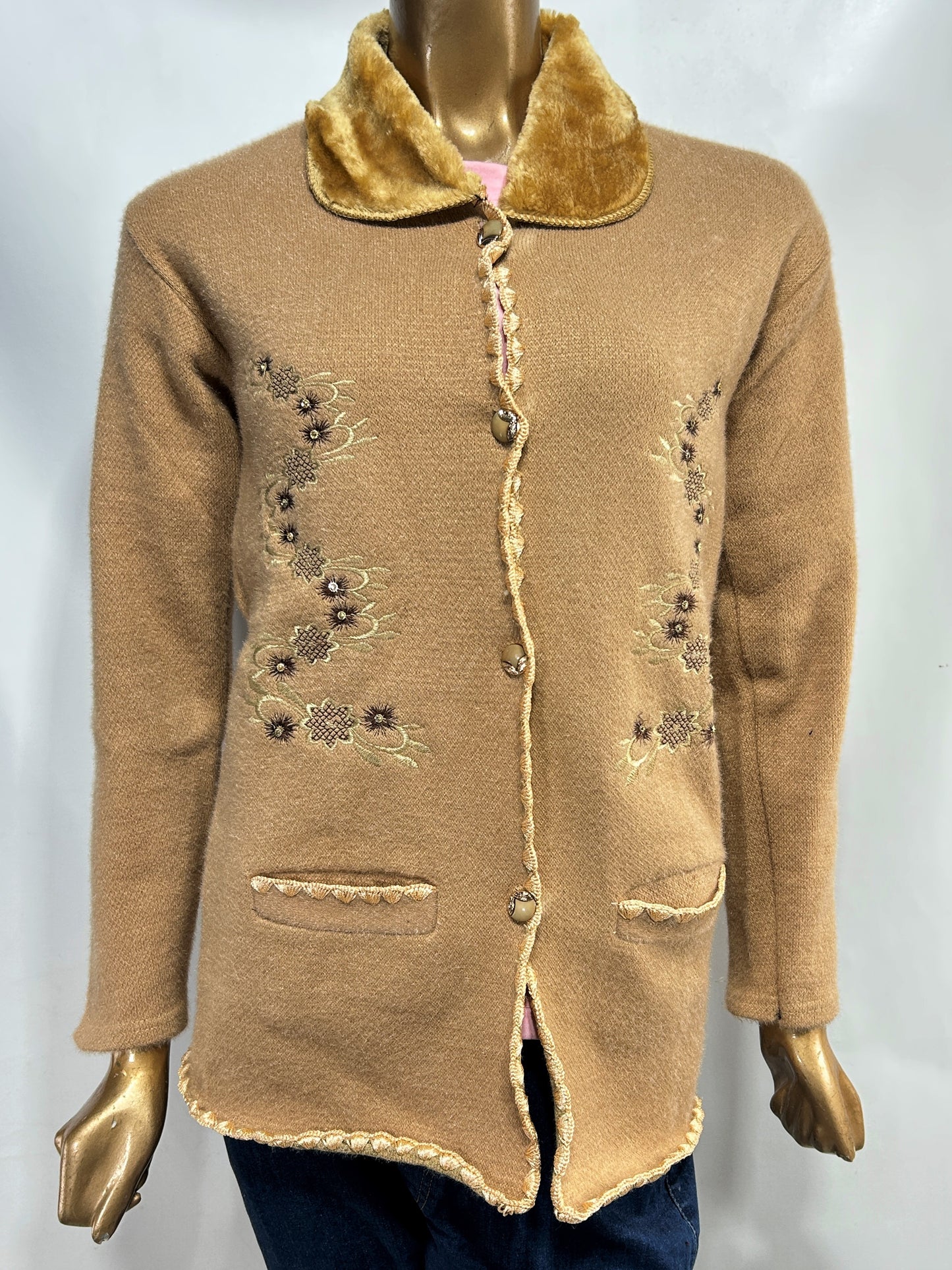 Ash Brown Rabbit Wool Embroidered Full Sleeves Sweater For Women WSW69