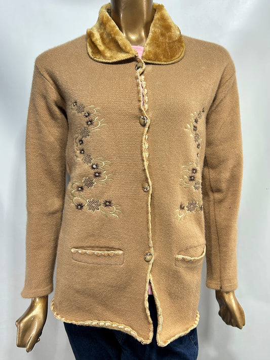 Ash Brown Rabbit Wool Embroidered Full Sleeves Sweater For Women WSW69