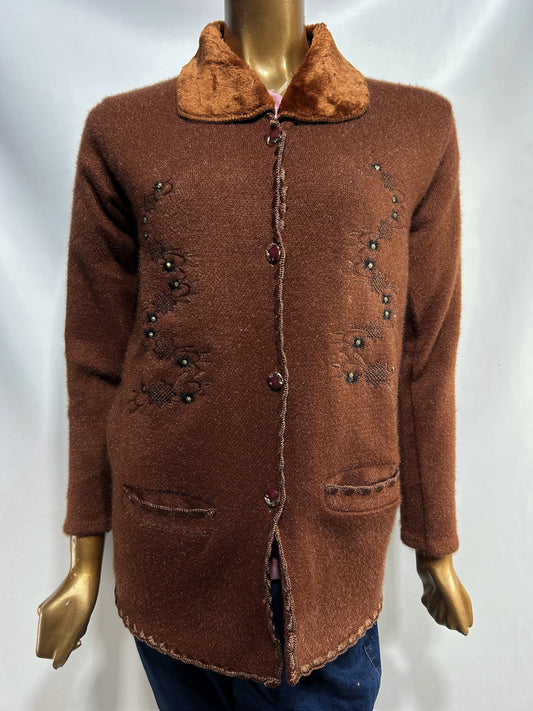 Brown Rabbit Wool Embroidered Full Sleeves Sweater For Women WSW68