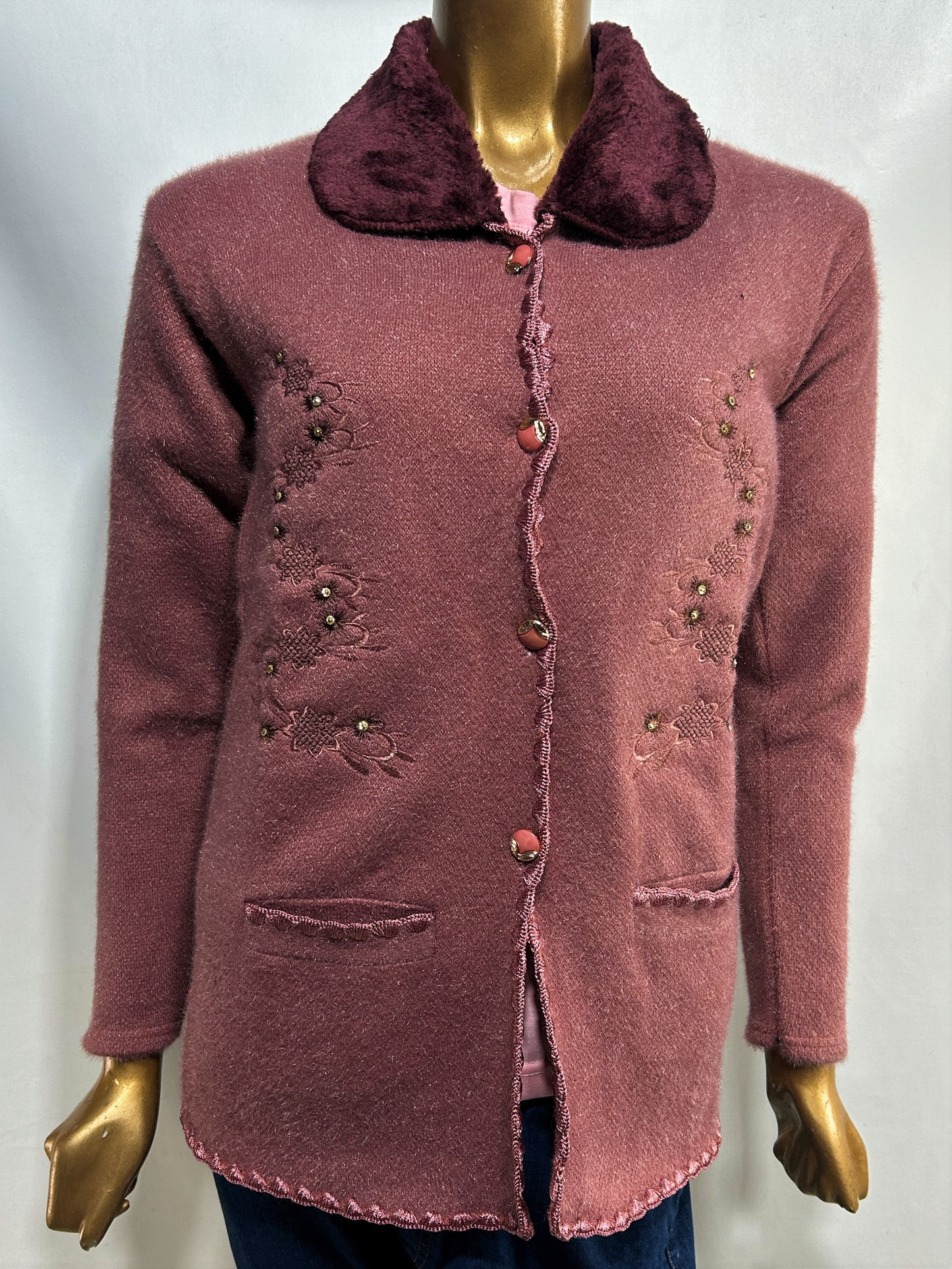 Light PInk Rabbit Wool Embroidered Full Sleeves Sweater For Women WSW70