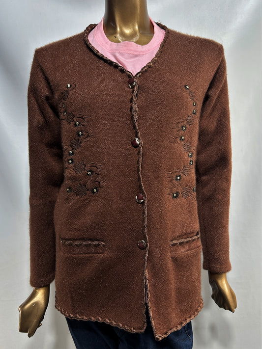 Brown Rabbit Wool Embroidered Full Sleeves Sweater For Women WSW73