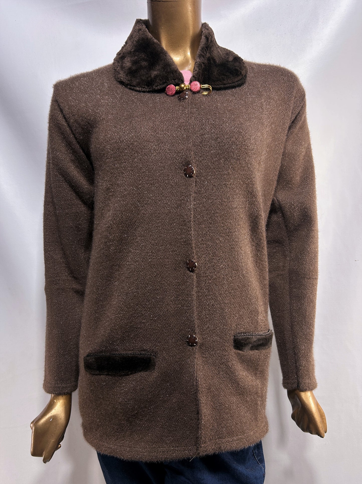 Dusty Brown Rabbit Wool Plain Full Sleeves Sweater For Women WSW79