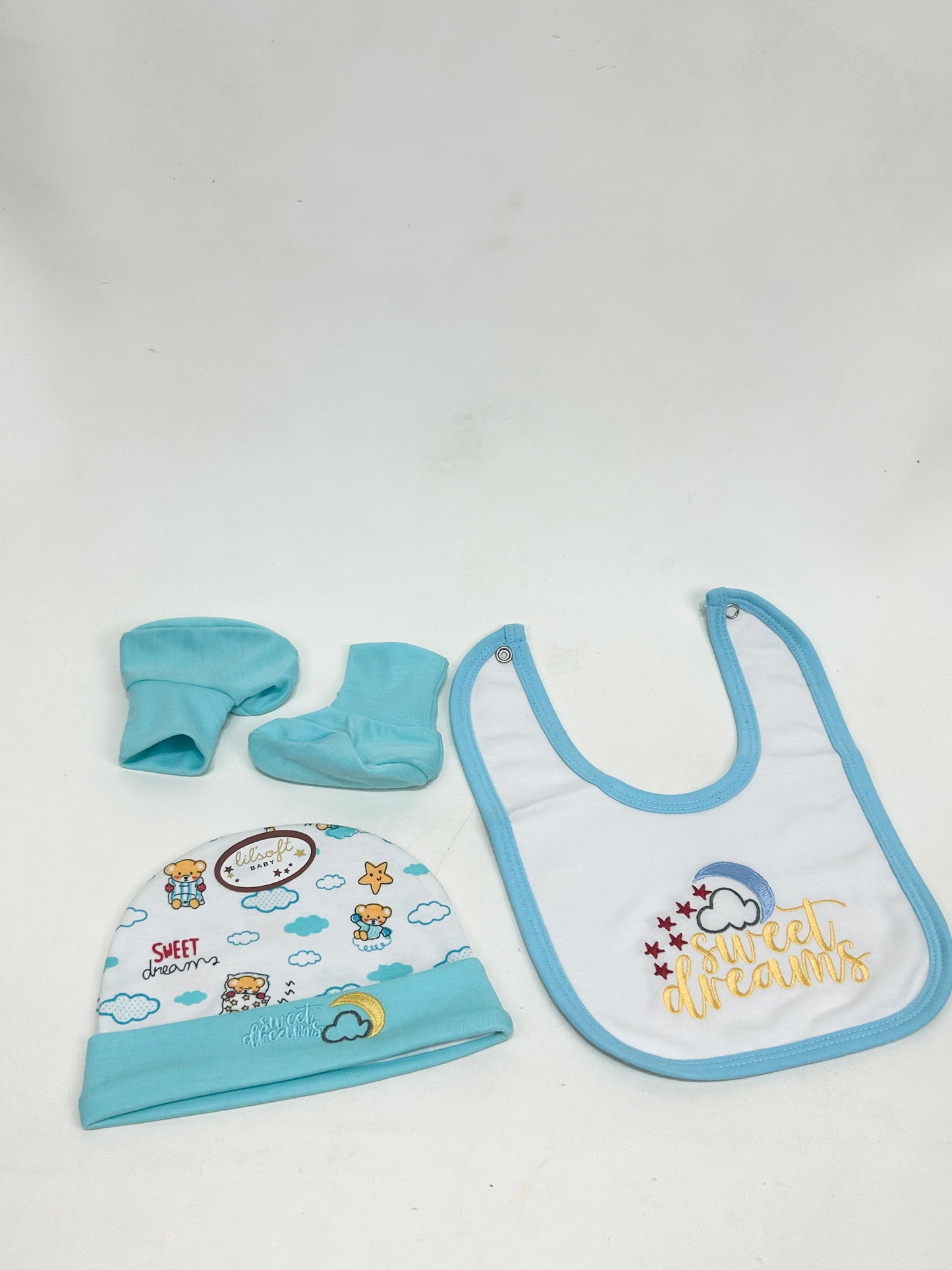 Light Blue Pack of 3 Newborn Bib, Cap And Booties Set