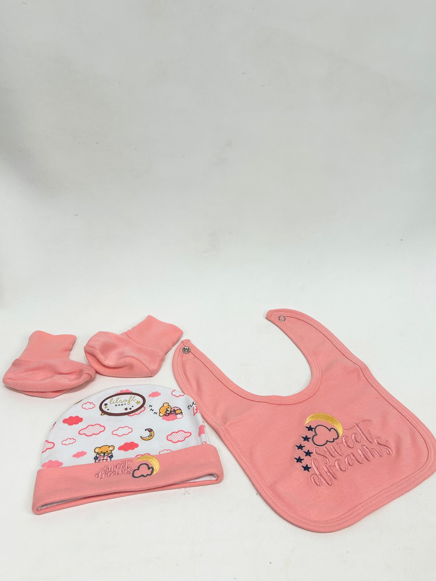 Light Pink Pack of 3 Newborn Bib, Cap And Booties Set