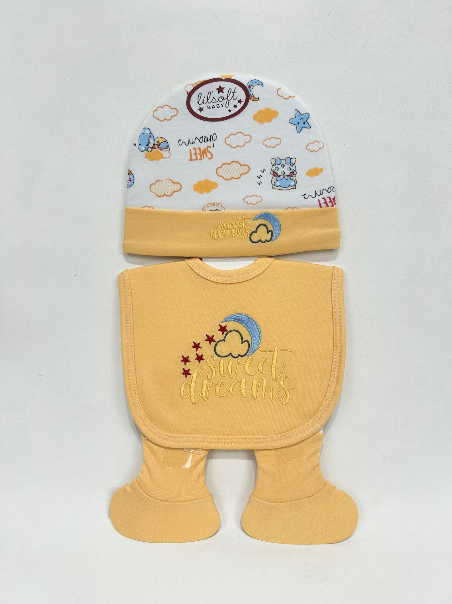Light Mustard Pack of 3 Newborn Bib, Cap And Booties Set