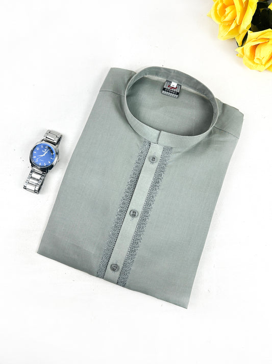 Slate Green 100% Cotton Sherwani Collar Kurta for Men