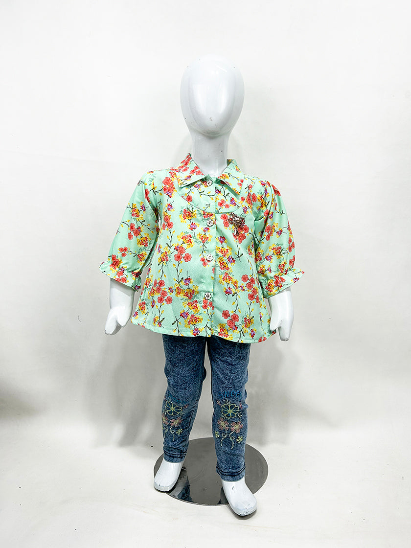 2Yr - 8Yrs Green Floral Suit For Girls GS214