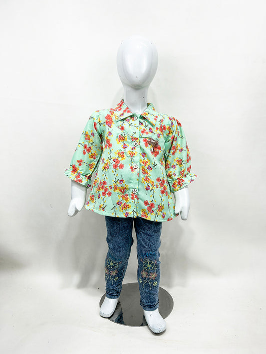 2Yr - 8Yrs Green Floral Suit For Girls GS214