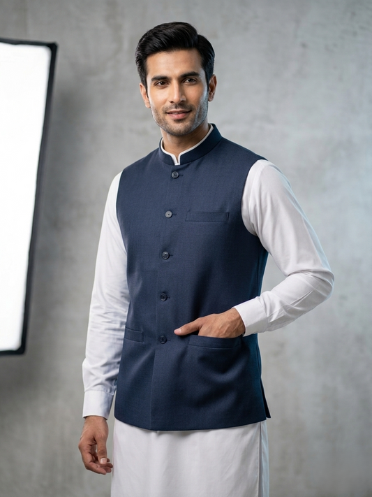 Blue Self Waistcoat for Men MW05