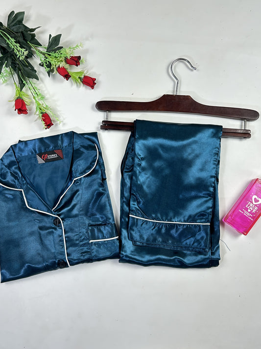 Sea Blue Plain Silk Night Suit For Women/Girls WNS36
