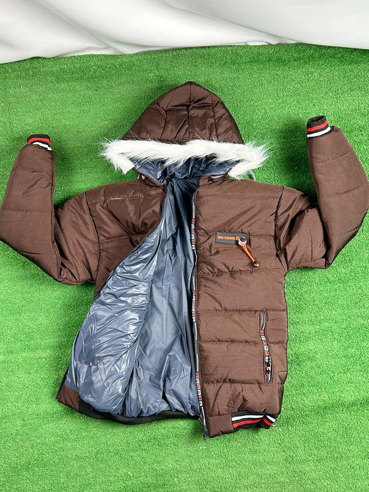 10Yrs - 14Yrs Brown Hooded Puffer Jacket For Kids KJ53