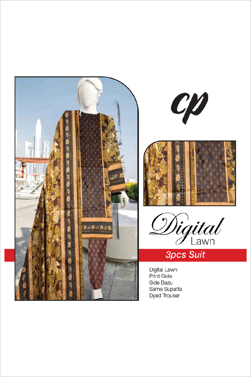 3Pcs Unstitched Digital Lawn Suit For Women WU96