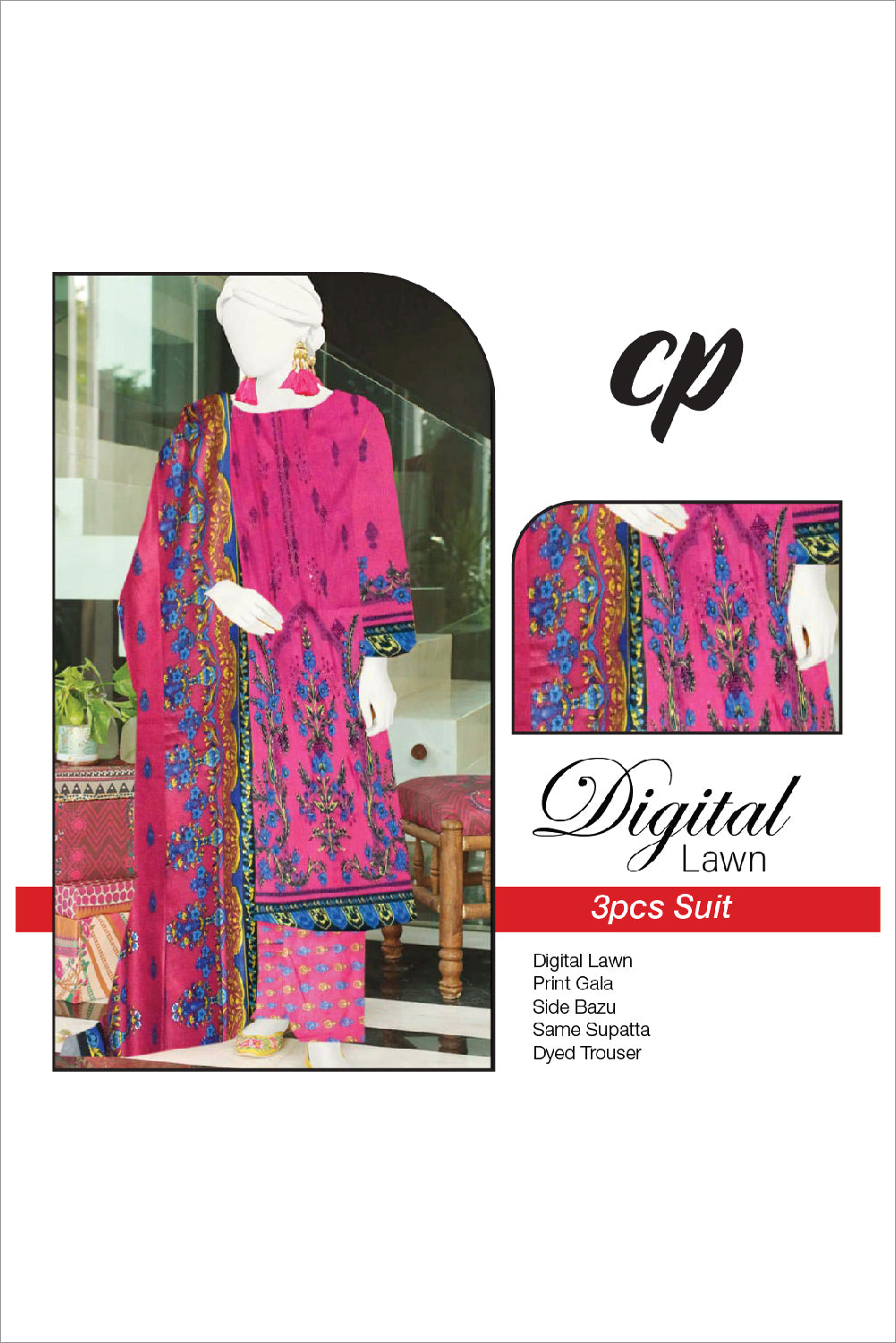 3Pcs Unstitched Digital Lawn Suit For Women WU93