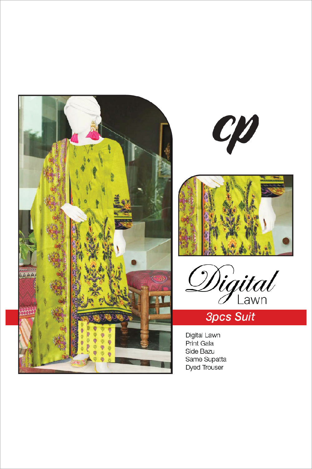 3Pcs Unstitched Digital Lawn Suit For Women WU98