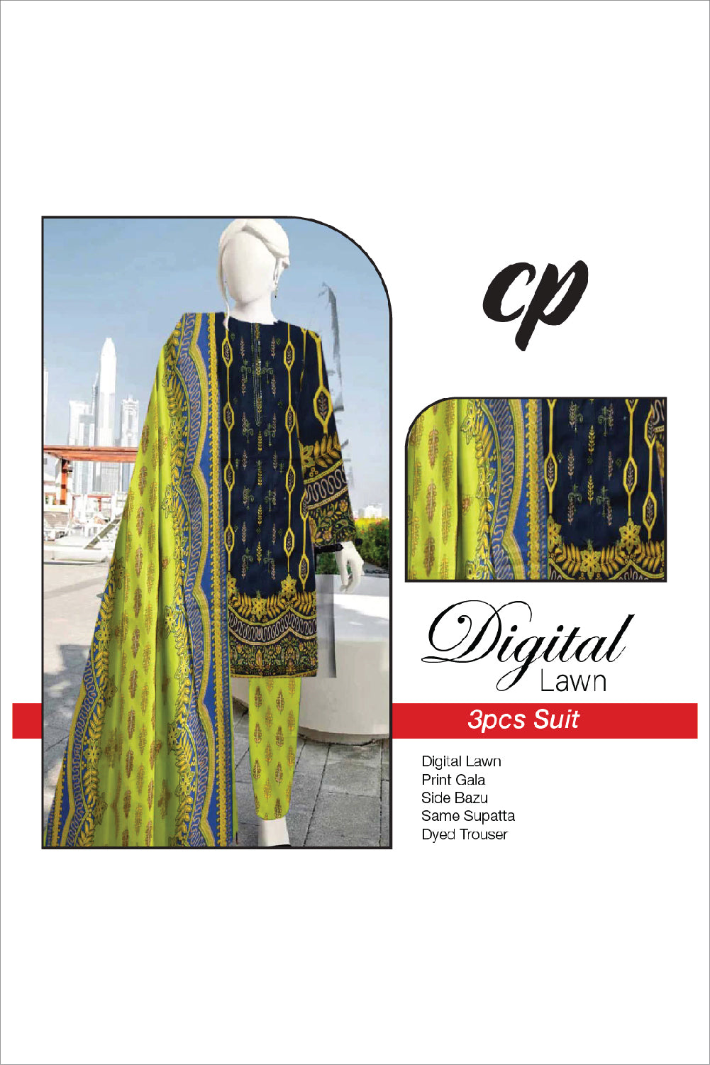 3Pcs Unstitched Digital Lawn Suit For Women WU97