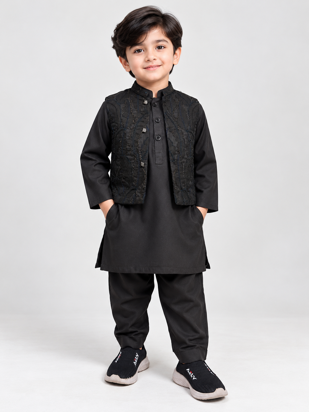 1Yr - 8Yrs Black Kurta Pajama with Waistcoat For Boys AM BKS242